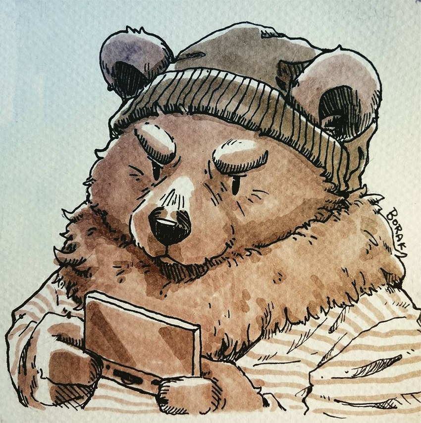 anthro biped clothing gaming hat headgear headwear humanoid_hands playing_video_game simple_background solo sweater topwear you_miichi nairi_(series) nintendo nintendo_3ds nintendo_ds_family borak_(nairi) bear mammal 2017