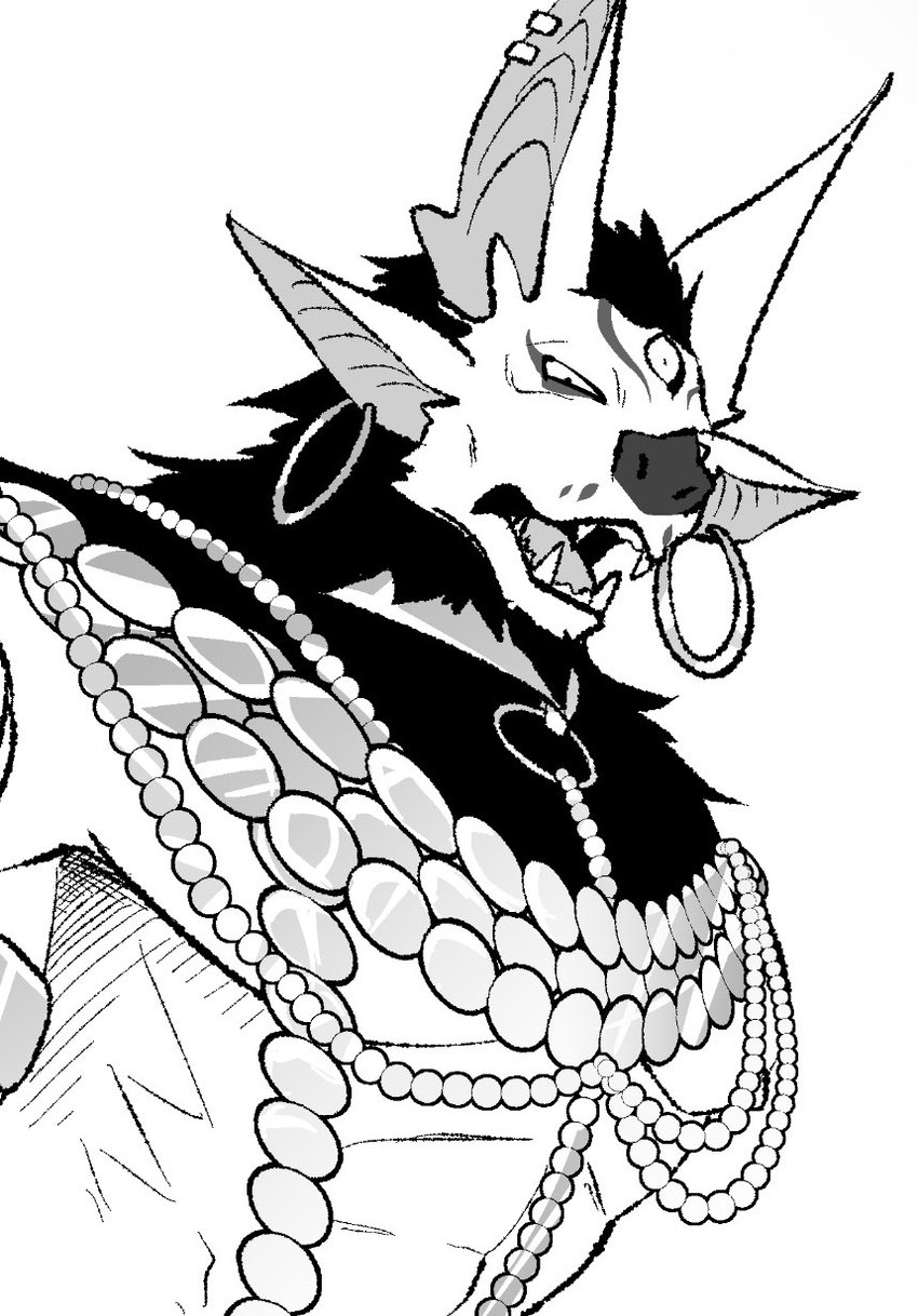 4_ears abs anthro athletic athletic_male black_hair gold_(metal) gold_jewelry hair jewelry long_hair male multi_ear muscular muscular_male pecs solo samoji anothereidos_of_dragon_vein_r hybris_(anothereidos_r) bat demon mammal hi_res monochrome