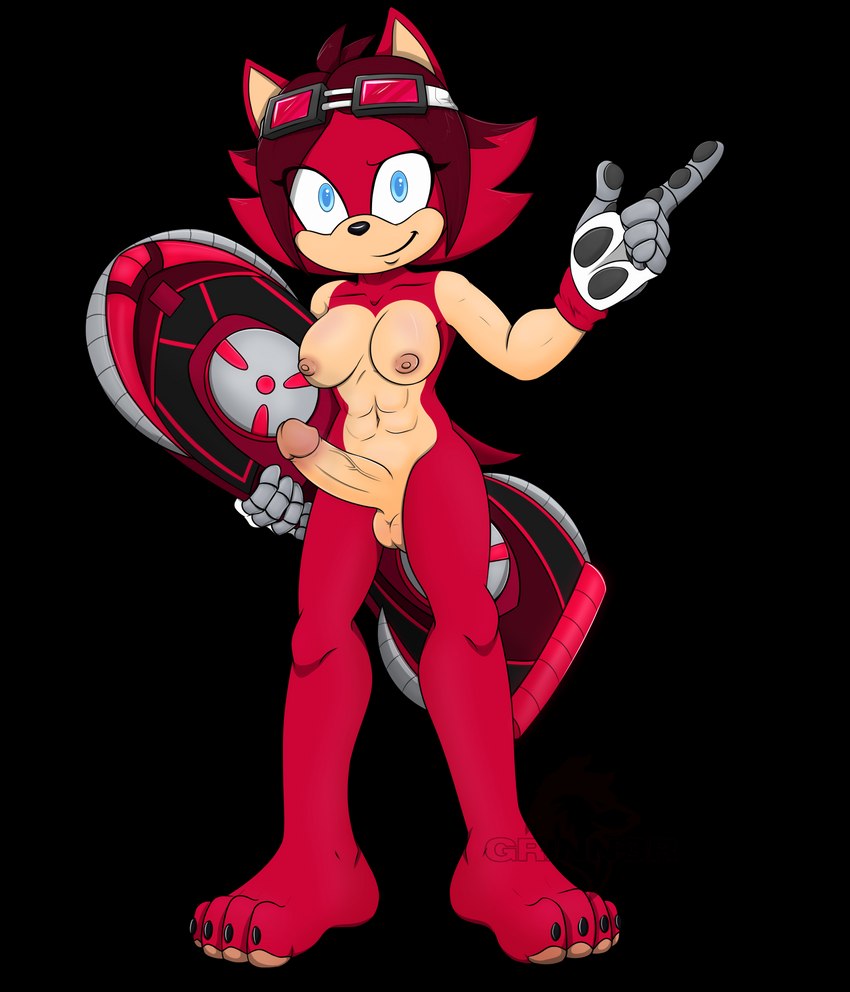 anthro blue_eyes breasts claws clothing erection extreme_gear eyewear eyewear_on_head eyewear_only fur genitals gesture gloves goggles goggles_on_head goggles_only gynomorph hand_gesture handwear hoverboard intersex looking_at_viewer muscular nipples nude pawpads paws penis pointing pose red_body red_fur simple_background smile solo standing transparent_background conditional_dnp grinn3r sega sonic_riders sonic_the_hedgehog_(series) fan_character eulipotyphlan hedgehog mammal 2022 absurd_res alpha_channel hi_res