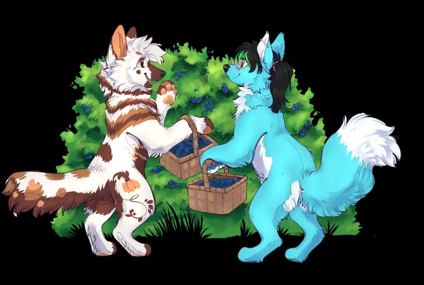 anthro basket big_ears blue_body blue_fur blueberry_(fruit) container duo ear_piercing eyewear female feral food forest forest_background fruit fur fur_markings glasses happy industrial_piercing male male/female markings nature nature_background pawpads paws piercing plant pumpkin romantic romantic_couple shrub smile spots spotted_body spotted_fur talking_to_another talking_to_partner tattoo tramp_stamp tree white_body white_fur unknown_artist blberrylicious spicybeetle canid canine canis fox hybrid mammal marble_fox red_fox true_fox wolf alpha_channel hi_res