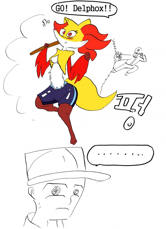 anthro clothing female legwear male punkydreamer nintendo pokemon canid canine delphox generation_6_pokemon human mammal pokemon_(species) absurd_res hi_res