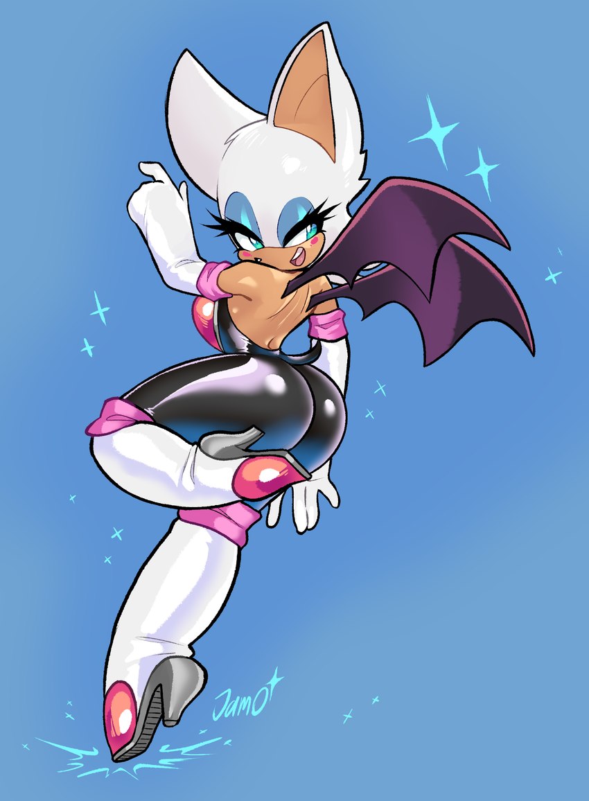 anthro armwear blush blush_stickers boots butt clothing elbow_gloves eyelashes female footwear gloves handwear high_heeled_boots high_heels knee_boots knee_highs legwear shoes simple_background solo sparkles wings jamoart sega sonic_the_hedgehog_(series) rouge_the_bat bat mammal hi_res