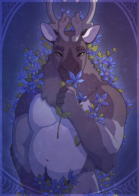 anthro antlers art_nouveau convenient_censorship flower flower_censor horn looking_at_viewer male nude plant pubes slightly_chubby solo standing khuraji deer mammal new_world_deer reindeer censored hi_res