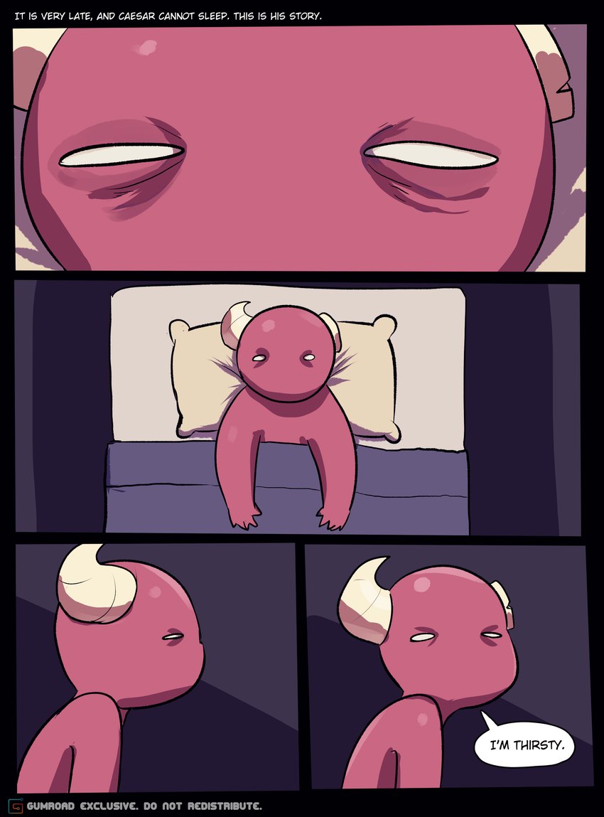 bed dialogue furniture horn male not_furry red_body red_skin solo speech_bubble text tired_eyes peculiart caesar_(peculiart) faceless_(species) horned_humanoid humanoid absurd_res comic english_text hi_res