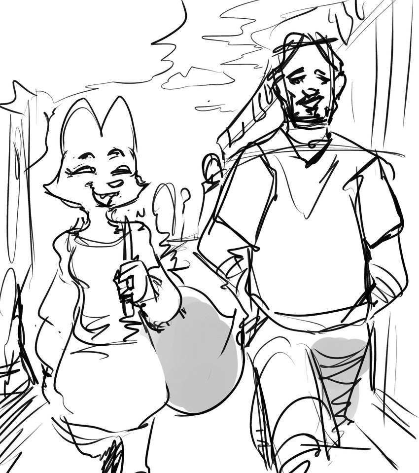 anthro clothed clothing duo fully_clothed male smile walking noctoc dreamworks john_wick the_bad_guys diane_foxington john_wick_(character) keanu_reeves canid canine fox human mammal 2022 crossover digital_media_(artwork) hi_res monochrome sketch