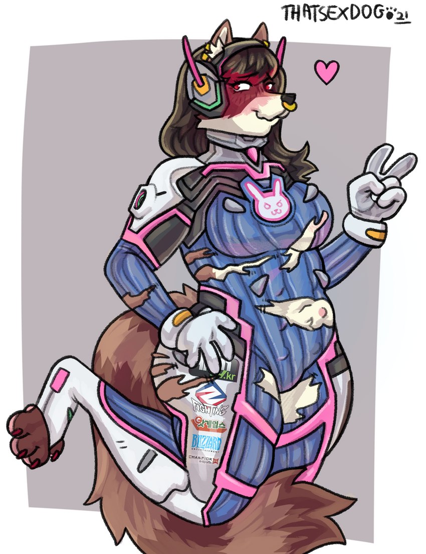 anthro areola blush breasts clothed clothing cosplay ear_piercing electronics facial_piercing female gesture hand_gesture hand_on_hip headphones multi_nipple nipples nose_piercing piercing septum_piercing solo torn_clothing v_sign thatsexdog blizzard_entertainment overwatch d.va_(overwatch) sammy_(murrmomi) mammal procyonid raccoon hi_res