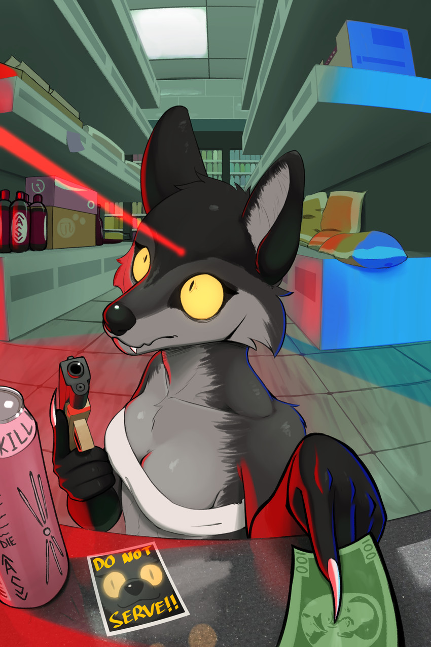 anthro beverage black_body black_fur breasts clothed clothing convenience_store cute_fangs fangs female fish_eye_view food fur glowing glowing_eyes gun handgun holding_gun holding_object holding_ranged_weapon holding_weapon imminent_death laser_sight money pistol police_lights ranged_weapon slim slim_anthro slim_female small_breasts solo surprised teeth topwear tube_top weapon white_clothing yellow_sclera radicalraccs anthroswim glock monster_energy smokey_(radicalraccs) mammal procyonid raccoon 2:3 hi_res