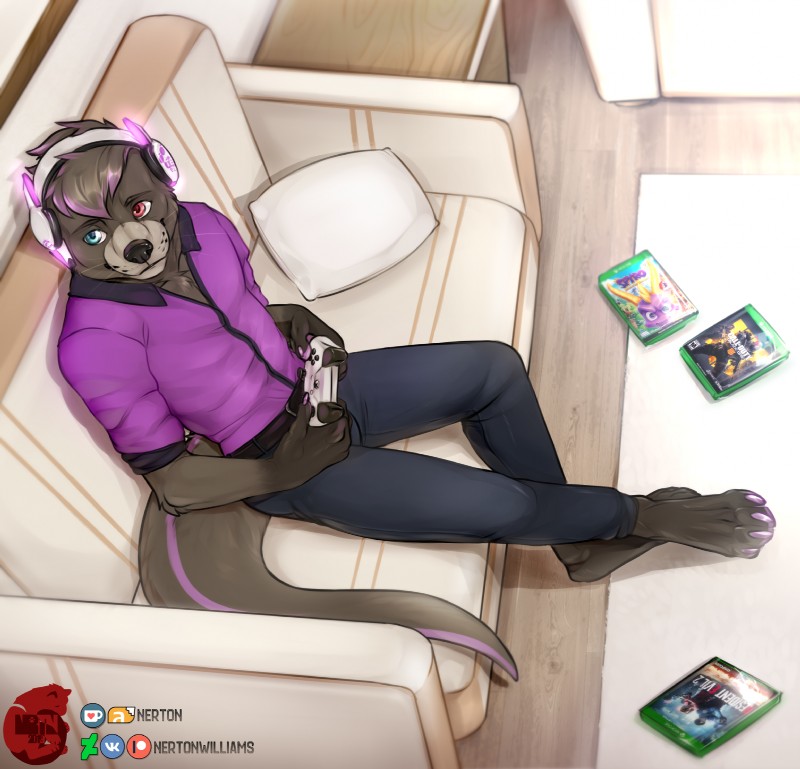 4_toes anthro barefoot biped black_body black_fur black_nose claws clothed clothing detailed_background electronics feet fur headphones heterochromia male pawpads sitting solo toes nerton dust_the_otter mammal mustelid otter 2019 digital_media_(artwork) hi_res