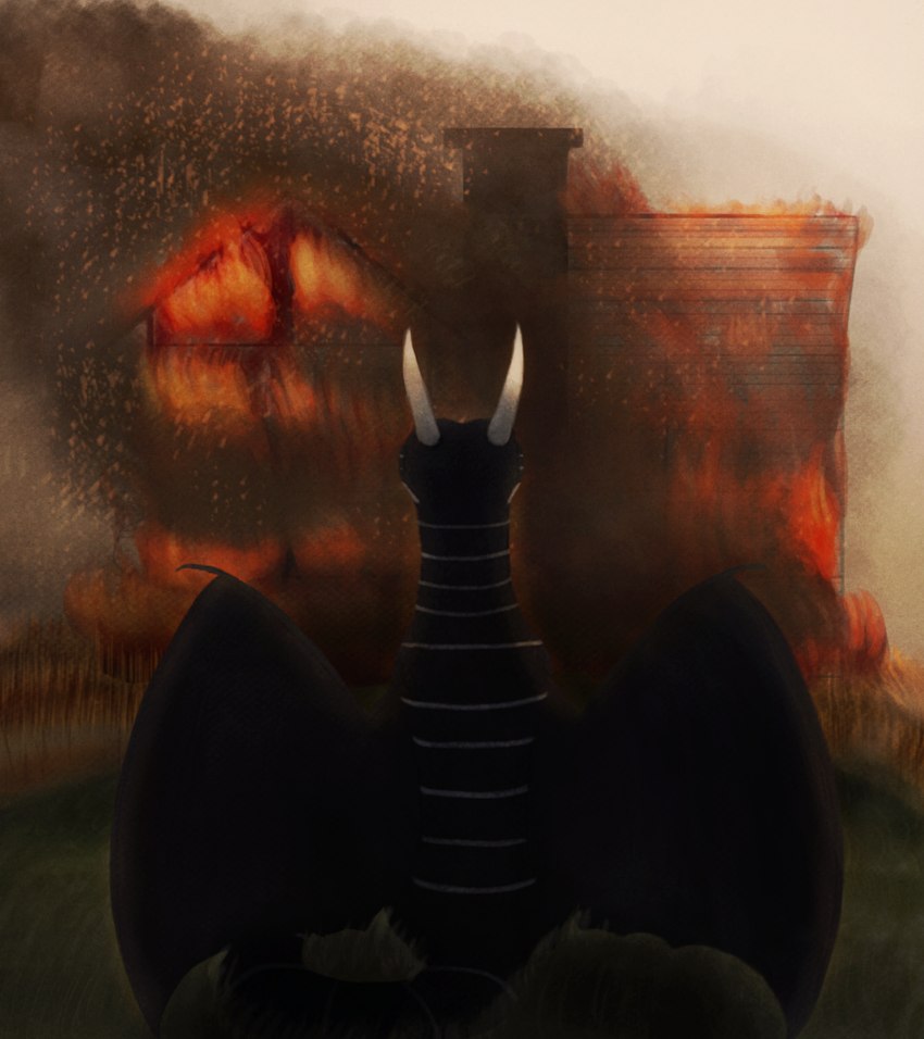 2_horns ambiguous_gender black_body building burning chimney feral fire grass horn house outside plant solo wings leprzil mythology lepr_(leprzil) dragon mythological_creature mythological_scalie scalie 2019 digital_media_(artwork) male_(lore)