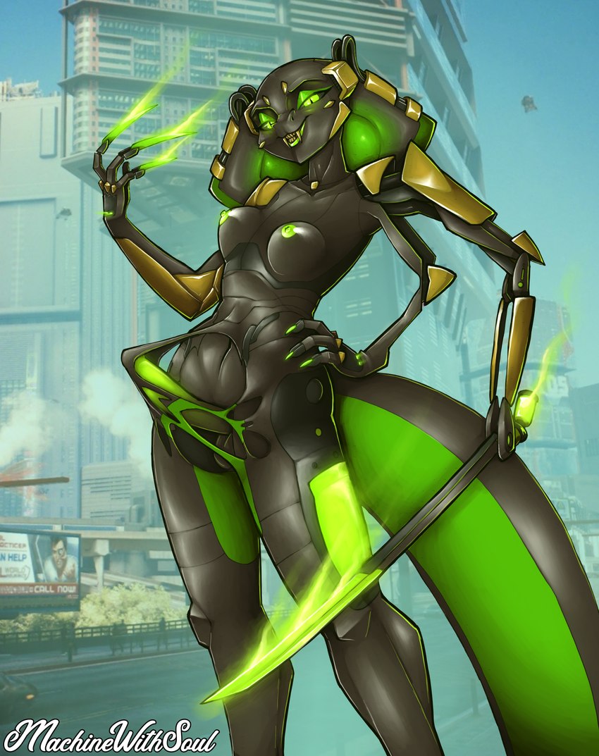 3_arms anthro areola balls biped black_body breasts claws clothed clothing cybernetic_arm cybernetic_limb cybernetics cyberpunk day erection erection_under_clothing fangs front_view genitals glans glowing glowing_claws green_body green_eyes green_nipples green_penis gynomorph hand_on_hip hand_on_own_hip holding_melee_weapon holding_object holding_sword holding_weapon humanoid_genitalia humanoid_penis intersex looking_at_viewer machine melee_weapon mostly_nude multi_arm multi_limb multicolored_body nipples outside penis pupils slit_pupils small_breasts smile snake_hood solo standing sword teeth tenting tight_clothing two_tone_body weapon machinewithsoul pescadera_navarro_(machinewithsoul) cobra cyborg reptile scalie snake 2021 hi_res