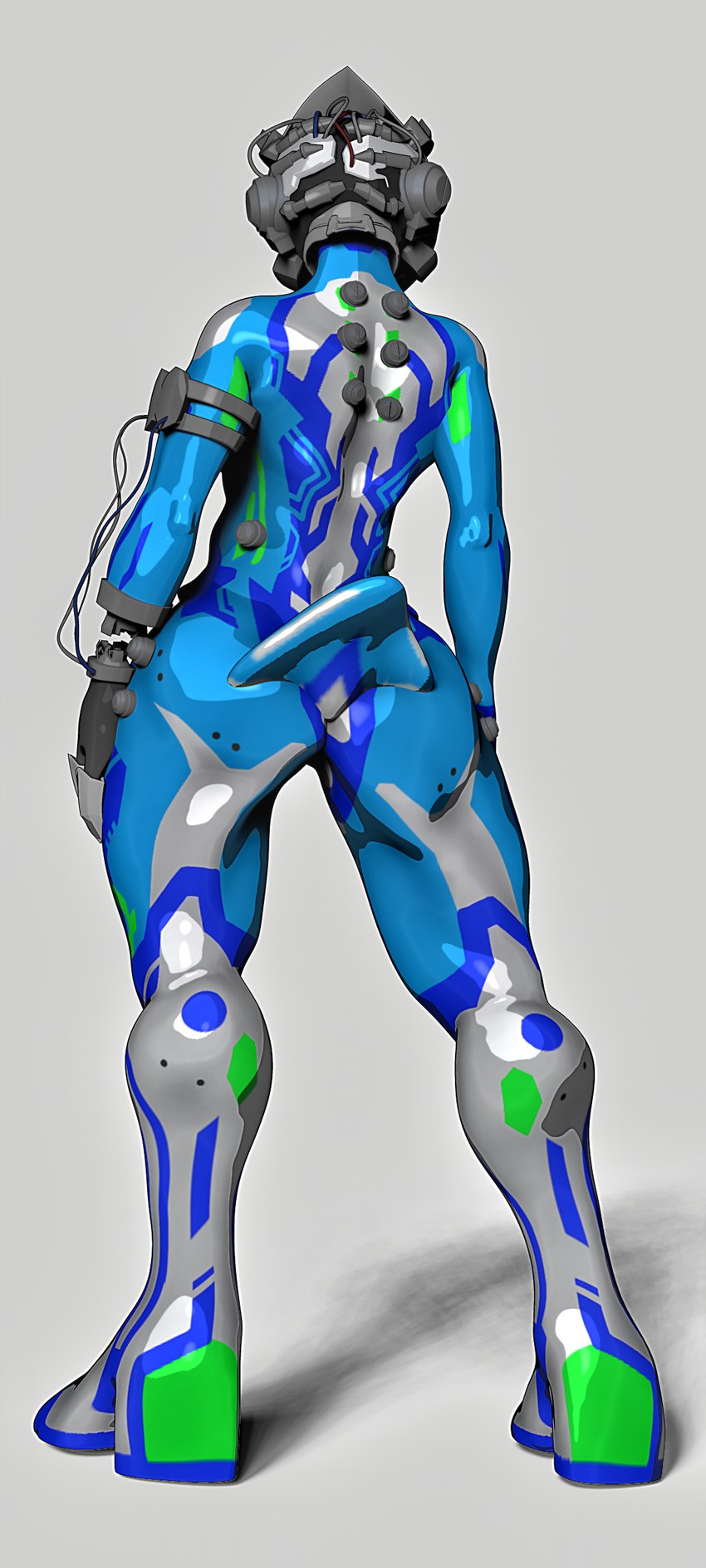 ambiguous_gender anthro blue_body butt clothing cybernetic_arm cybernetic_head cybernetic_limb footwear grey_background high_heels machine mechafurry multicolored_body platform_footwear platform_heels rear_view shoes simple_background solo wire sdx3 android biomechanical robot absurd_res full-length_portrait hi_res portrait