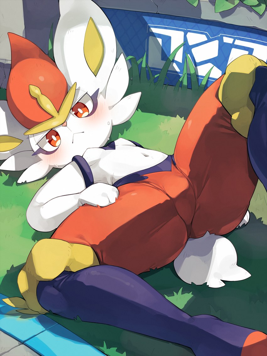 anthro bent_legs blue_body blue_fur blush blush_lines bodily_fluids breasts cheek_tuft facial_tuft featureless_crotch female female_anthro fur grass hand_on_leg hand_on_own_leg hand_on_own_thigh hand_on_thigh looking_at_viewer lying navel on_back on_grass on_ground orange_eyes paws pink_nose plant pseudo_clothing red_body red_fur scut_tail short_tail small_breasts solo sweat tail tuft white_body white_breasts white_ears white_fur white_tail yellow_inner_ear bigoyatsu nintendo pokemon cinderace generation_8_pokemon lagomorph mammal pokemon_(species) absurd_res hi_res