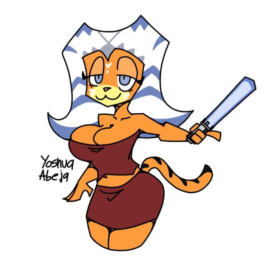 anthro blue_eyes blue_lightsaber breasts female jedi lekku_(anatomy) lightsaber melee_weapon solo weapon yoshua_russo cartoon_network garfield_(series) mad_(series) star_wars star_wars:_the_clone_wars ahsoka_tano garfield_the_cat sudoku_(mad) alien domestic_cat felid feline felis mammal togruta artist_name