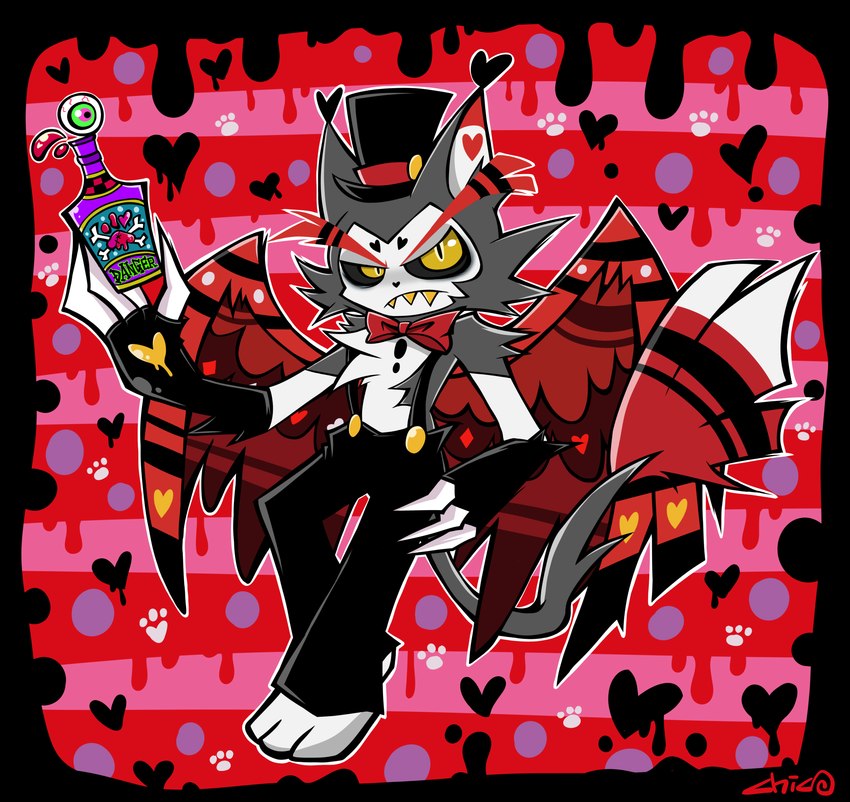 anthro bottle clothed clothing container dripping_heart feathered_wings feathers hat headgear headwear male poison solo suspenders tail teeth wings yellow_teeth chico hazbin_hotel husk_(hazbin_hotel) demon domestic_cat felid feline felis mammal absurd_res hi_res