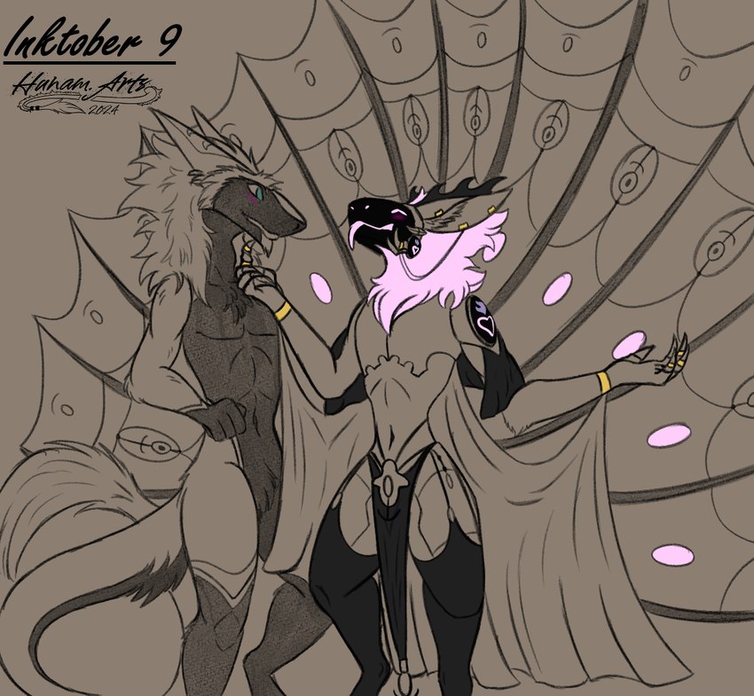 anthro blep bottomwear classy claws clothing duo legwear loincloth machine male markings piercing protogen_visor ring temptation thigh_highs tongue tongue_out hunamarts inktober zeal_(hunam) zhite_(hunam) protogen sergal 2024