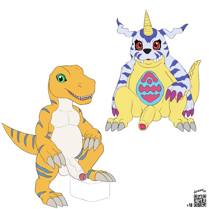 animal_skin anthro balls claws duo foreskin genitals green_eyes horn humanoid_genitalia humanoid_penis male markings penis qr_code red_eyes stripes vein yellow_body conditional_dnp vanzard bandai_namco digimon agumon_x digimon_(species) gabumon x-digimon 1:1 absurd_res alternate_version_at_source hi_res