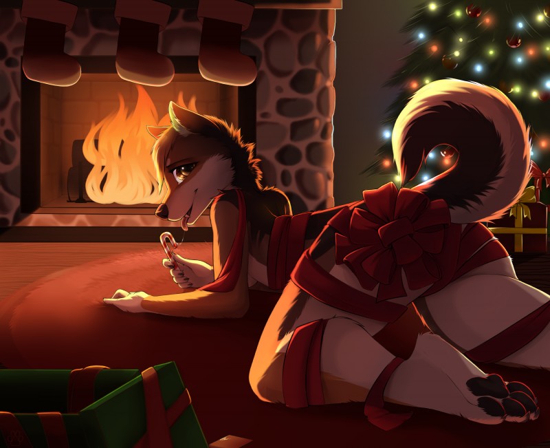 anthro black_nose blush breasts clothing female fire fireplace fur hair holidays looking_at_viewer nude open_mouth plant smile solo tongue tree chapaevv empaws christmas canid canine canis domestic_dog mammal 2018 2019 digital_media_(artwork) hi_res