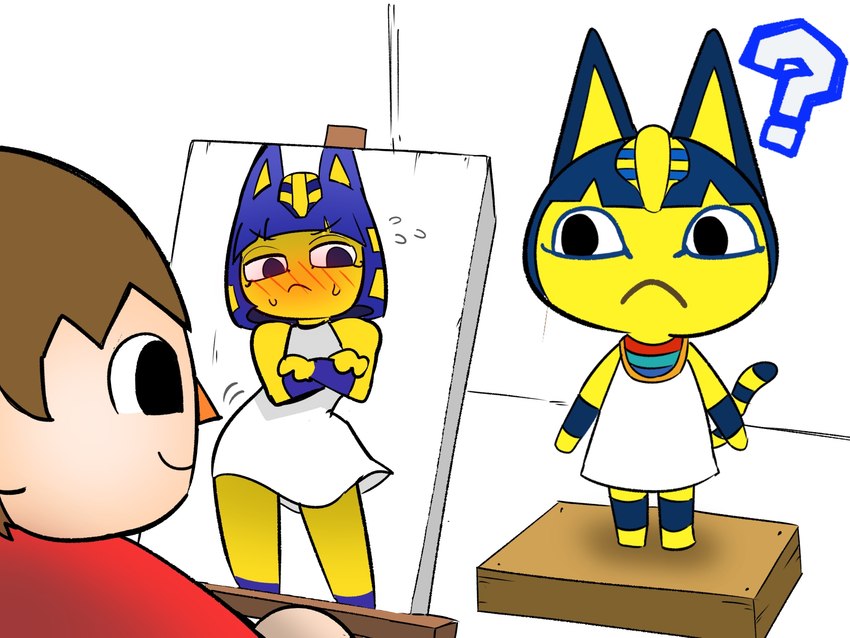 blush blush_lines brown_hair clothed clothing duo easel egyptian egyptian_clothing female hair male markings painting question_mark ring_(marking) ringed_tail striped_markings striped_tail stripes tail tail_markings uraeus usekh yellow_body nakineiriko animal_crossing ankha_zone nintendo ankha_(animal_crossing) villager_(animal_crossing) domestic_cat felid feline felis human mammal 2024 4:3 digital_media_(artwork) hi_res