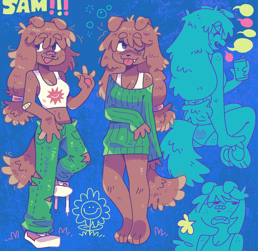 3_toes 4_fingers annoyed anthro back-print_panties band-aid band-aid_on_arm band-aid_on_face band-aid_on_nose bandage bandage_on_face bandage_on_nose barefoot beverage_can black_nose blep blue_background bottomwear bra breath brown_body brown_fur brown_hair butt can clothed clothing container cute_fangs denim denim_bottomwear denim_clothing dialogue eyebrows eyes_closed fangs feet female fingers floppy_ears flower footwear freckled_butt freckled_legs freckled_shoulders freckled_thighs freckles front_view fur glistening glistening_body grass green_bottomwear green_clothing green_jeans green_pants green_sweater green_topwear greeting hair hair_over_eye holding_can holding_container holding_object jeans long_hair looking_away messy_hair midriff navel one_eye_closed one_eye_obstructed open_mouth panties pants pawpads plant pockets print_clothing print_panties print_shirt print_tank_top print_topwear print_underwear rear_view red_clothing red_footwear red_shoes shirt shoelaces shoelaces_untied shoes simple_background sitting sleeveless_sweater smile smiling_at_viewer solo speech_bubble sports_bra standing streetwear sweater tank_top teeth three-quarter_view tied_hair toes tongue tongue_out topwear torn_bottomwear torn_clothing torn_jeans torn_pants underwear unsigned white_clothing white_shirt white_tank_top white_topwear y2k_(fashion) graskip sam_(graskip) canid canine canis domestic_dog mammal 2023 colored hi_res shaded