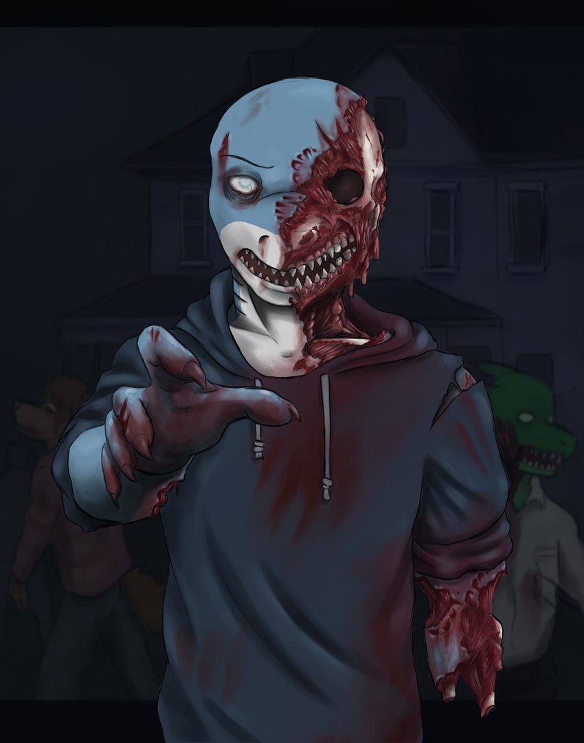 anthro blood bodily_fluids clothing gore hoodie looking_at_viewer male missing_arm multicolored_body solo topwear two_tone_body krahs_tsai krahs_(krahs_tsai) fish marine shark undead zombie absurd_res hi_res