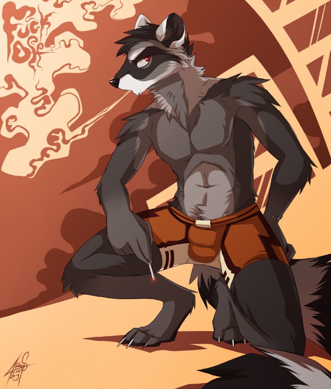 anthro cigarette clothing fur male smoking gothwolf mammal procyonid raccoon 2019 digital_media_(artwork) hi_res