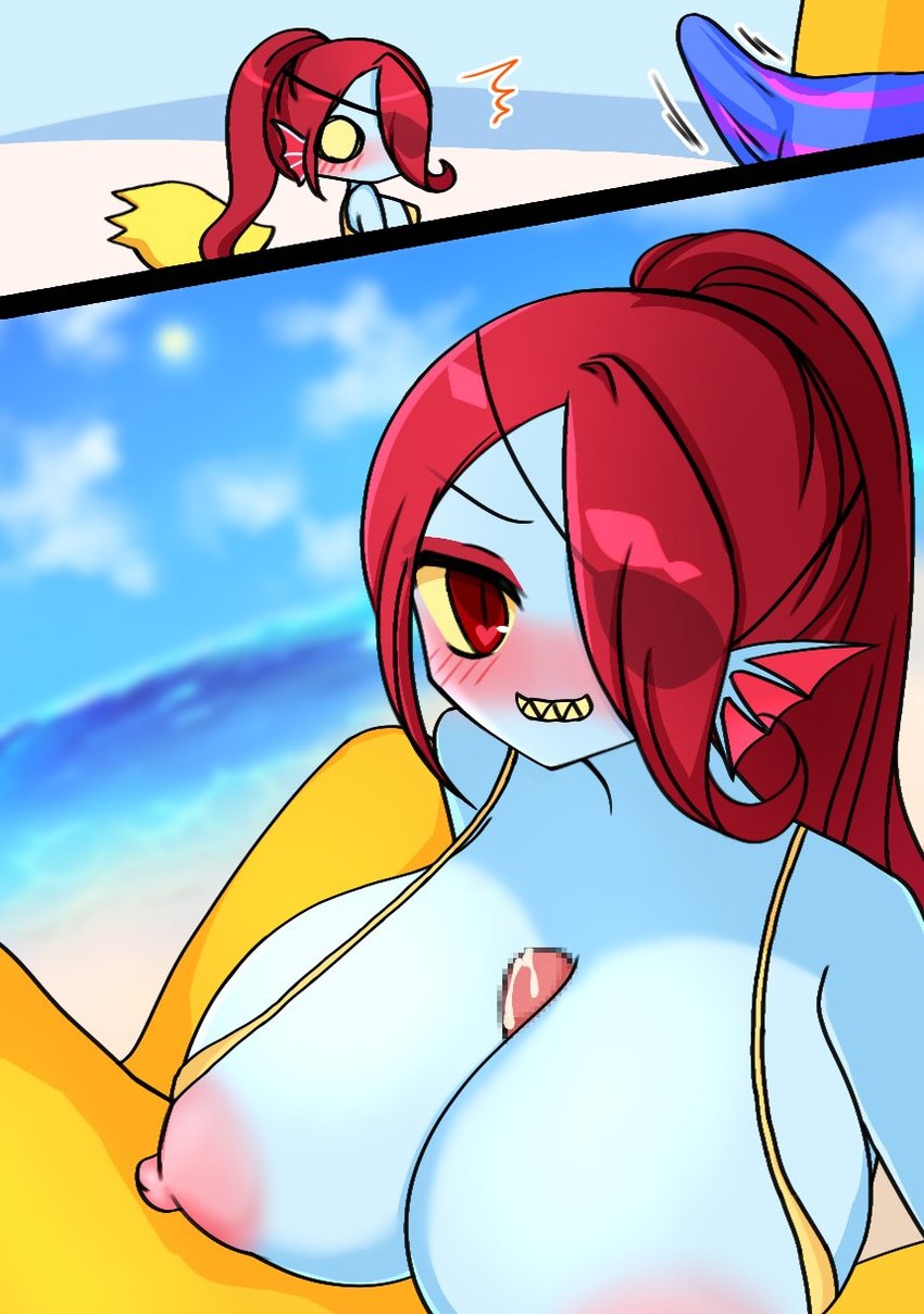 bangs beach big_breasts blue_body blush bra breast_play breasts clothing duo ear_fins erection eyeshadow female fin grin hair hair_over_eye huge_breasts ineffective_clothing long_hair looking_at_viewer makeup male male/female nipple_slip nipples non-mammal_nipples one_eye_obstructed pupils red_eyeshadow red_hair red_pupils sea seaside sex shocked sky smile titfuck underwear water yellow_body yellow_sclera yellow_skin osaka_myun undertale_(series) undyne animal_humanoid fish human humanoid mammal marine marine_humanoid monster 2023 hi_res