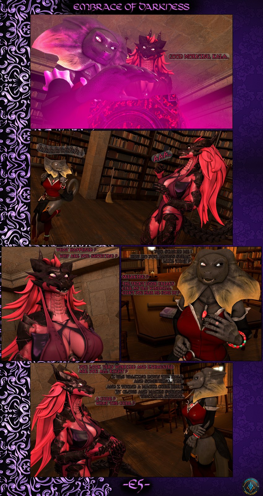 5_fingers anthro armwear artifact big_breasts black_body black_horn black_scales book bottomwear breasts castle chair clothed clothed_anthro clothed_female clothing cube_(object) dialogue dress duo embrace_of_darkness fantasy female fingers flower furniture glowing grey_body grey_scales grey_skin hair half_clothed horn humanoid_hands inside lamp library long_hair magic magic_object magic_user melee_weapon multicolored_body multicolored_scales necromancer pale_eyes pink_body pink_eyes pink_hair pink_scales pink_skin plant red_eyes scales shield skirt solo sword table text topwear tree walking weapon yellow_body yellow_scales yellow_skin xpasha122x petruz_(modeler) mythology agape_(petruz) kala_(petruz) dragon lizard mythological_creature mythological_scalie reptile scalie 3d_(artwork) absurd_res comic digital_media_(artwork) english_text hi_res huge_filesize source_filmmaker_(artwork)