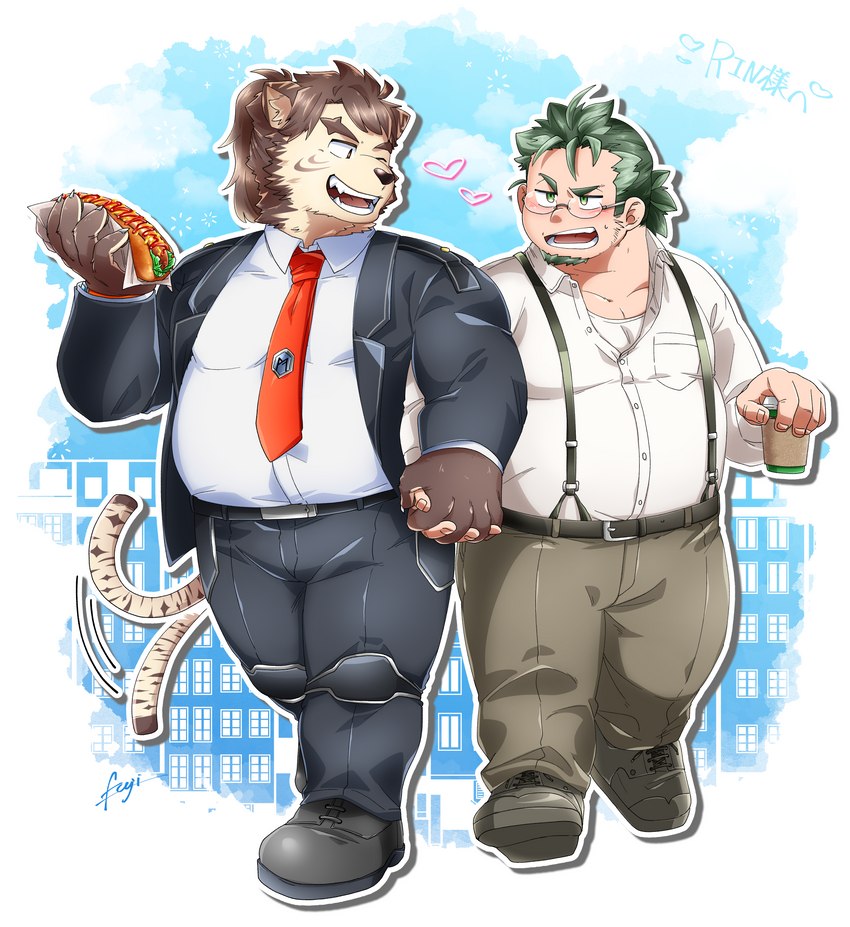 anthro blush bottomwear brown_body brown_fur clothing duo eyewear food fur glasses hand_holding kemono male male/male necktie outside overweight overweight_male pants shirt tail tail_motion tailwag topwear 3pdta lifewonders live_a_hero dog_operator protagonist_(live_a_hero) subaru_nobeyama canid canine canis domestic_dog mammal 2021 absurd_res hi_res