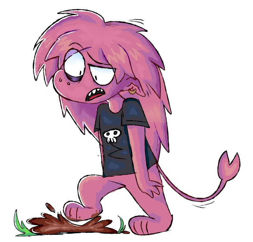 ambiguous_gender anthro bottomless clothed clothing ear_piercing ear_ring feet hair hindpaw paws piercing pink_body pink_hair ring_piercing shirt simple_background solo t-shirt topwear white_background spitthesauce unknown_species 2021 hi_res