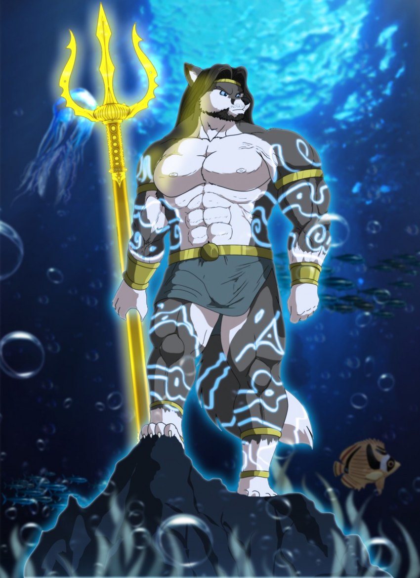 abs accessory anthro armor beard bottomwear bracers brown_hair clothing facial_hair fur glowing hair headband loincloth male melee_weapon multicolored_body multicolored_fur polearm solo trident two_tone_body two_tone_fur underwater water weapon xxsparcoxx european_mythology greek_mythology mythology poseidon poseidon_(xxsparcoxx) canid canine canis mammal wolf 2017 digital_media_(artwork) hi_res