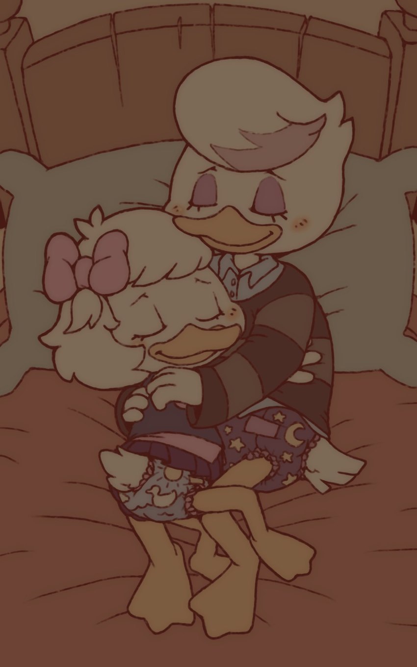 age_difference anthro bed blush bottomwear bow_ribbon clean_diaper clothed clothing diaper dress duo eyes_closed eyeshadow female furniture hug makeup on_bed pillow sweater topwear underwear wearing_diaper young momiji-kun disney ducktales ducktales_(2017) lena_(ducktales) webby_vanderquack anatid anseriform avian bird duck digital_media_(artwork) hi_res