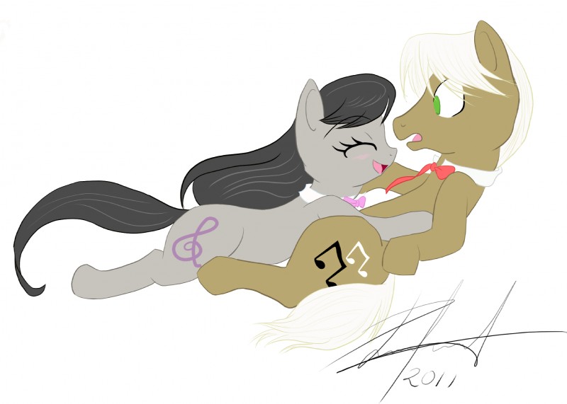 blush bow_(feature) bow_tie cutie_mark duo female feral happy lying male shocked simple_background tail white_background unknown_artist friendship_is_magic hasbro my_little_pony frederick_horseshoepin_(mlp) octavia_(mlp) earth_pony equid equine horse mammal pony hi_res