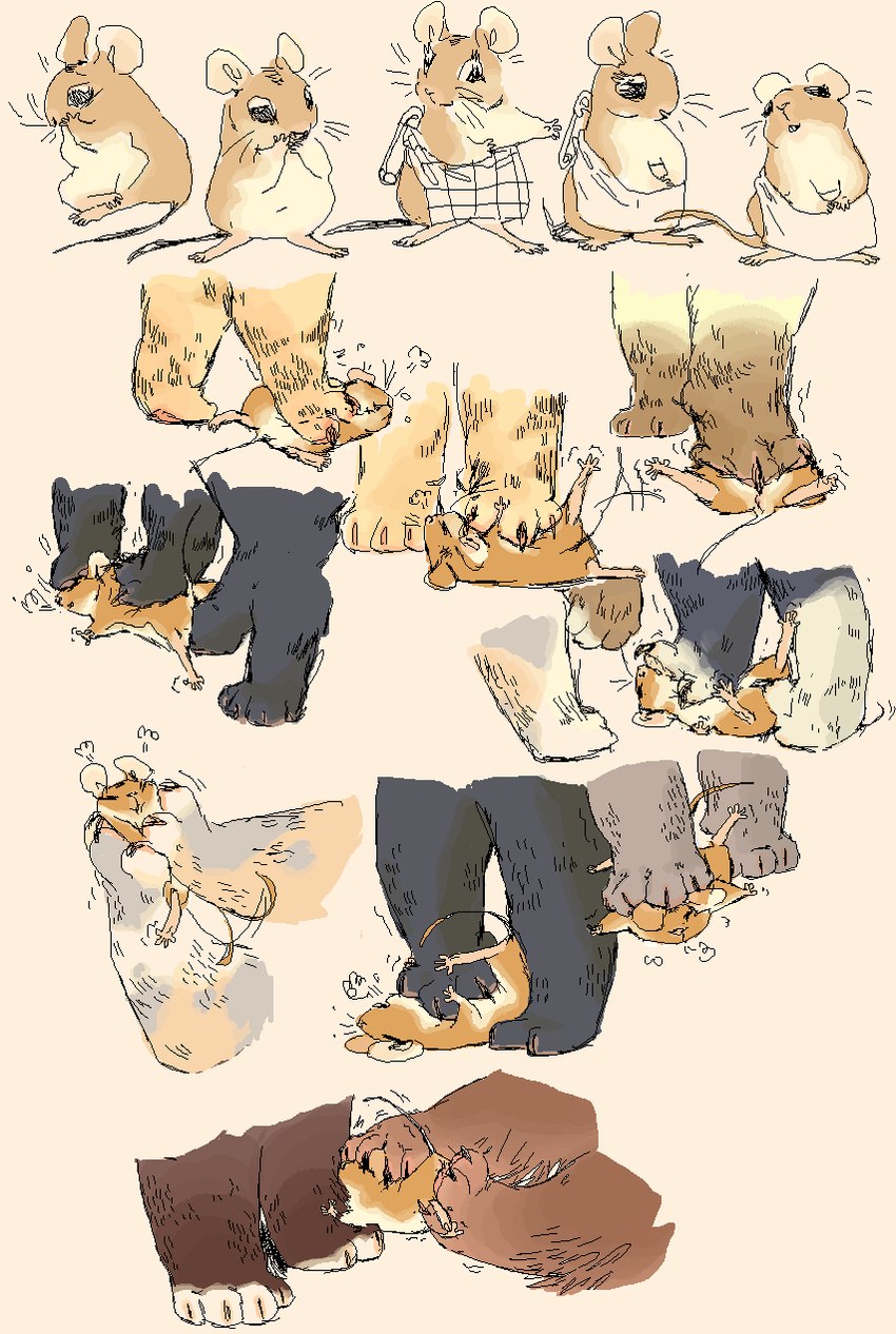 ambiguous_gender apron clothing faceless_ambiguous faceless_character feet feral foot_on_chest group size_difference smush solo_focus squeezing squish 2n2n domestic_cat felid feline felis mammal mouse murid murine rodent 2015 aliasing digital_media_(artwork) hi_res