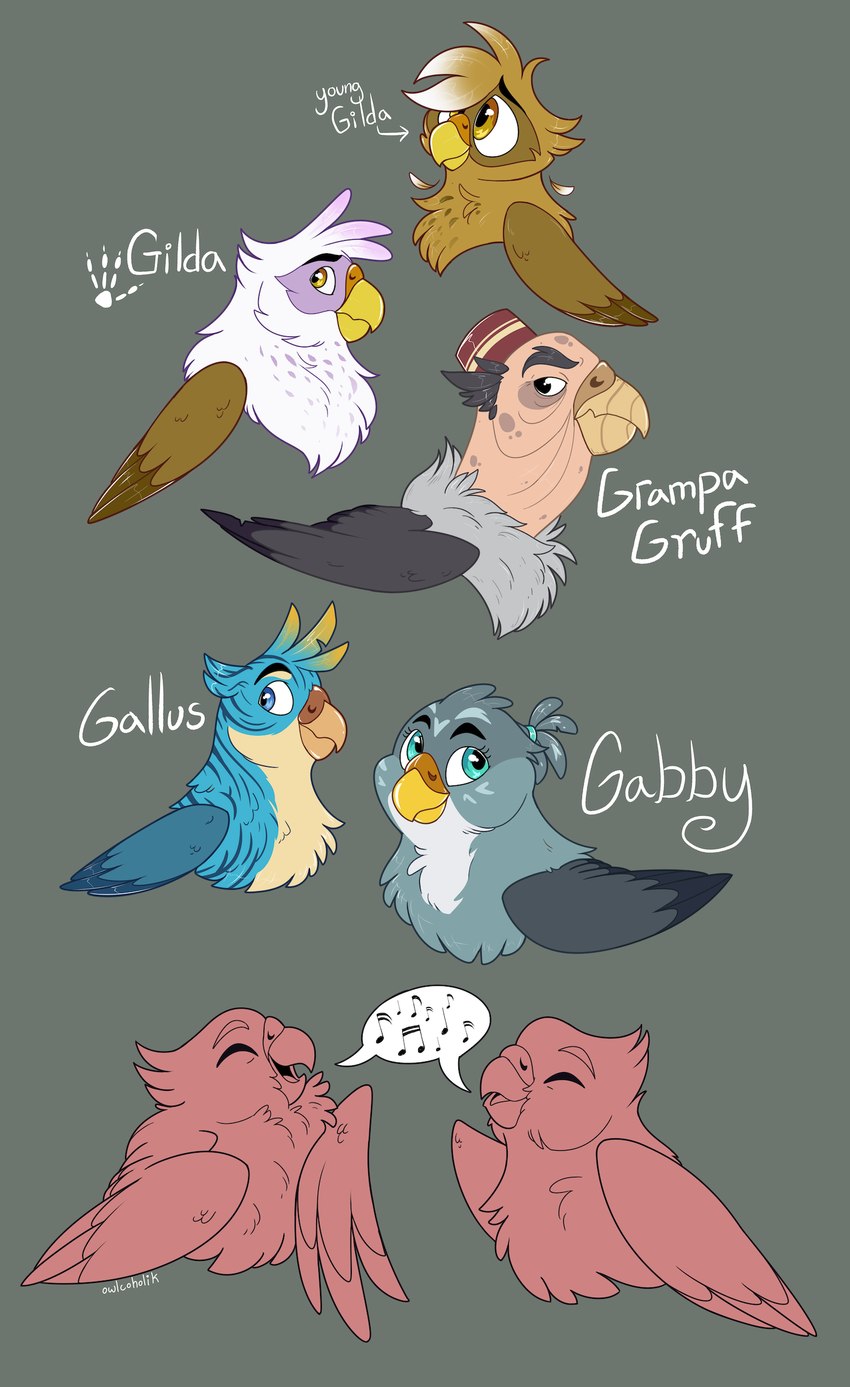 aged_down beak black_eyes blue_body blue_eyes blue_feathers brown_body brown_eyes brown_feathers elderly eyebrows feathers female feral grey_body grey_feathers group male multicolored_body multicolored_feathers singing text wings owlcoholik friendship_is_magic hasbro my_little_pony mythology gabby_(mlp) gallus_(mlp) gilda_(mlp) grampa_gruff_(mlp) avian gryphon mythological_avian mythological_creature absurd_res digital_media_(artwork) hi_res trans_(lore) trans_woman_(lore)