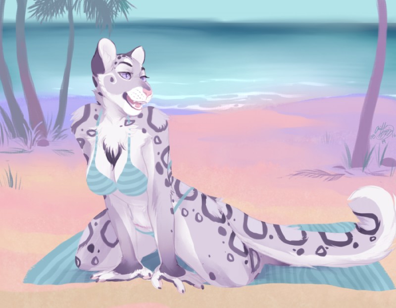 anthro beach bikini breasts c-section_scar cleavage clothed clothing detailed_background female fur leopard_spots on_towel outside sand scar seaside sky smile solo spots swimwear towel two-piece_swimsuit water iflops julie_ann_irons felid mammal pantherine snow_leopard 2016