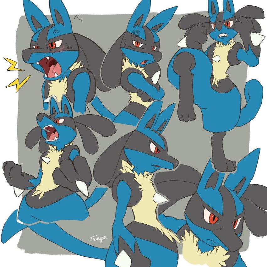 anthro black_body black_fur blue_body blue_fur fur male multiple_poses open_mouth pose red_eyes simple_background solo spikes spikes_(anatomy) tuft irago nintendo pokemon generation_4_pokemon lucario pokemon_(species) 1:1 2025 signature