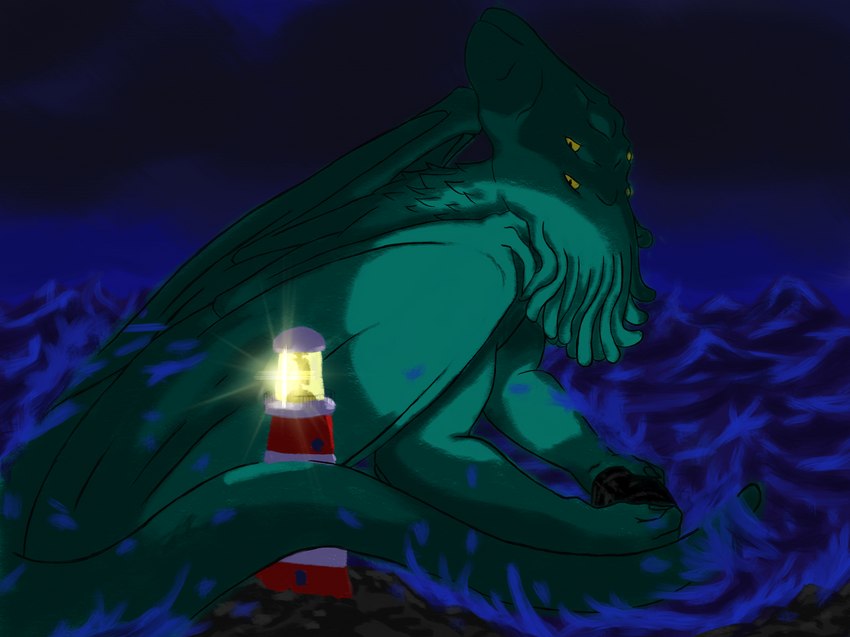 ambiguous_gender face_tentacles lighthouse night sea solo storm tentacles water wave voodoopuppy cthulhu_mythos h._p._lovecraft cthulhu deity great_old_one_(h.p._lovecraft) humanoid hi_res