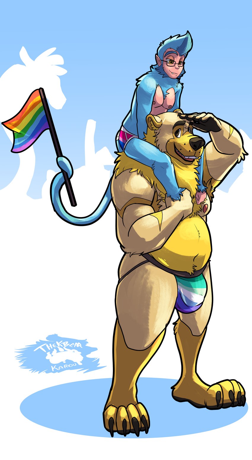 anthro bisexual_pride_colors blue_body blue_fur briefs bulge carrying_another claws clothed clothing detailed_bulge flag flag_(object) fur holding_flag holding_object holding_with_tail jockstrap jockstrap_only lgbt_pride male male/male male_anthro mane multicolored_briefs multicolored_clothing multicolored_jockstrap multicolored_underwear on_shoulders pride_color_briefs pride_color_clothing pride_color_flag pride_color_jockstrap pride_color_underwear pride_colors rainbow_pride_colors seven-stripe_rainbow_pride_colors size_difference toe_claws topless underwear underwear_only vincian_pride_colors yellow_body yellow_fur thekinkybear lgbt_pride_month bax_(monkeydbax) karou_(thekbear) american_black_bear bear black_bear haplorhine kermode_bear mammal monkey primate ursine absurd_res hi_res