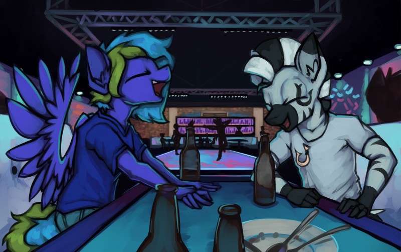 alcohol anthro bar beverage clothed clothing eyes_closed group inside male marsminer hasbro my_little_pony fan_character equid equine mammal zebra kona_(disambiguation) hi_res