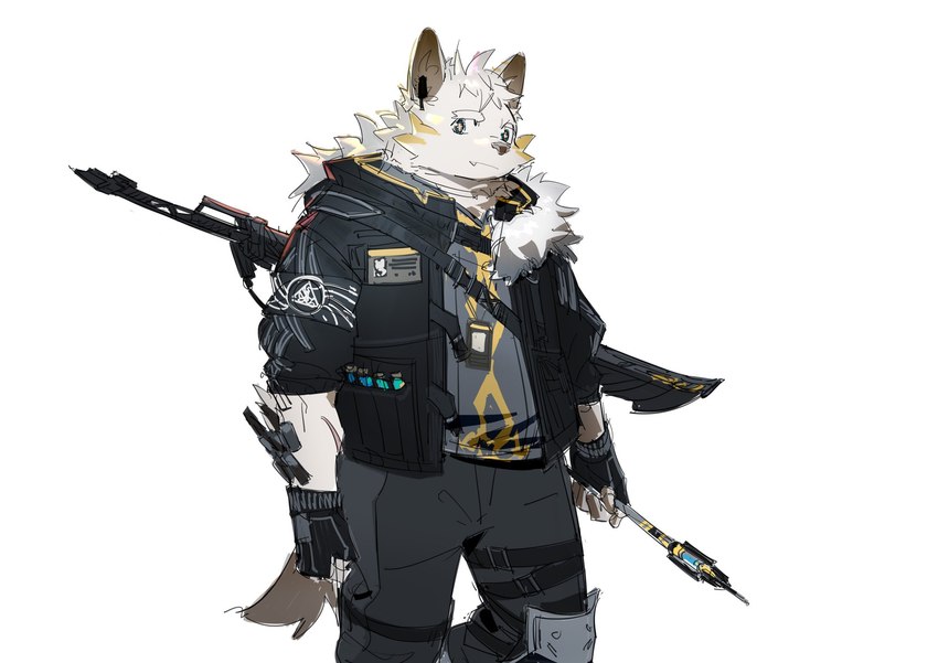 anthro bottomwear cheek_tuft clothed clothing denim denim_bottomwear denim_clothing facial_tuft fluffy_jacket fur gloves handwear head_tuft jacket jeans male pants simple_background slightly_chubby solo topwear tuft weapon white_body white_fur gharne canid canine canis mammal wolf better_version_at_source hi_res irreplaceable_bvas unavailable_at_source