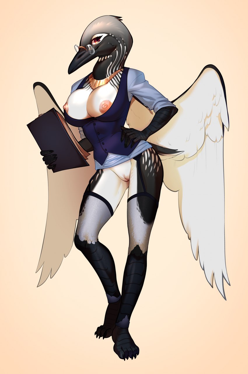 anthro beak big_breasts black_beak black_body black_feathers bottomless bottomless_anthro bottomless_female breasts clipboard clothed clothing countershading exposed_breasts eyewear feathered_wings feathers female front_view garter_straps genitals glasses holding_clipboard holding_object jewelry legwear long_neck necklace nipples non-mammal_breasts non-mammal_nipples partially_clothed pink_nipples pussy red_eyes round_glasses shirt short_tail simple_background slim slim_anthro slim_female smile solo standing suit_vest tail tail_feathers thigh_highs topwear vest white_body white_countershading white_feathers wings necroizu aino_ikalainen avian bird common_loon hi_res