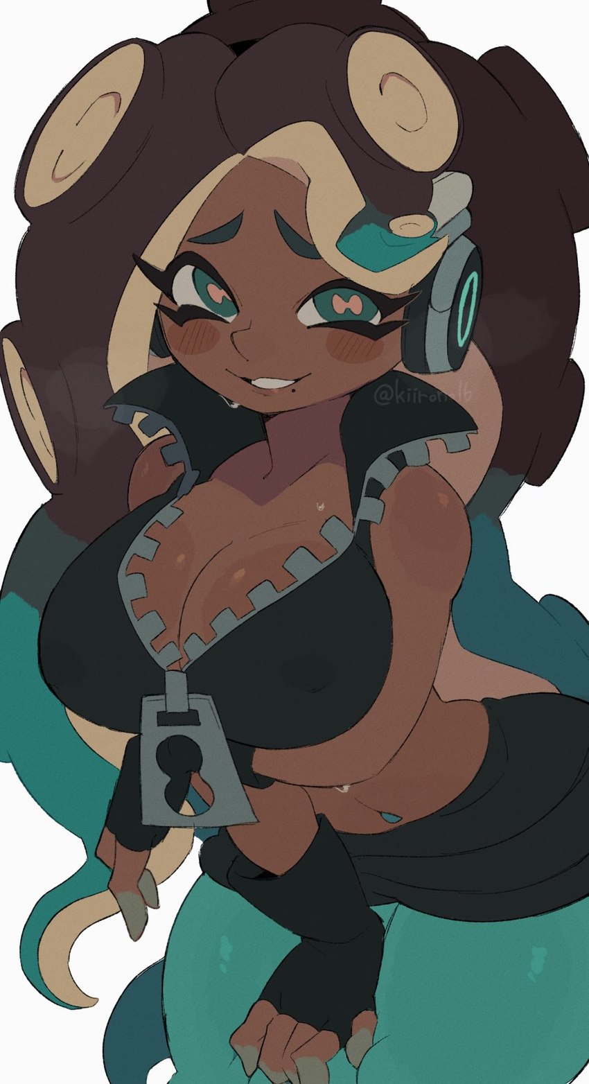 big_breasts blush breasts cleavage clothed clothing dark_body dark_skin electronics female fingerless_gloves gloves handwear headphones looking_at_viewer markings mole_(marking) navel pseudo_hair simple_background smile solo suction_cup tentacle_hair tentacles kiirono nintendo splatoon marina_(splatoon) animal_humanoid cephalopod cephalopod_humanoid humanoid marine marine_humanoid mollusk mollusk_humanoid octarian octoling hi_res signature