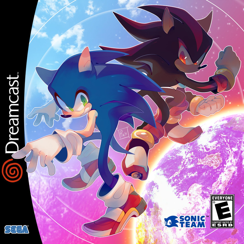 anthro black_body black_fur blue_body blue_fur box_art clothing dreamcast_logo duo earth fist footwear fur gloves green_eyes grin handwear logo male planet pose red_body red_eyes red_fur sega_logo shoes smile text paiirupie esrb sega sega_dreamcast sonic_adventure sonic_the_hedgehog_(series) shadow_the_hedgehog sonic_the_hedgehog eulipotyphlan hedgehog mammal 1:1 2020 cover digital_drawing_(artwork) digital_media_(artwork) english_text hi_res redraw video_game_cover