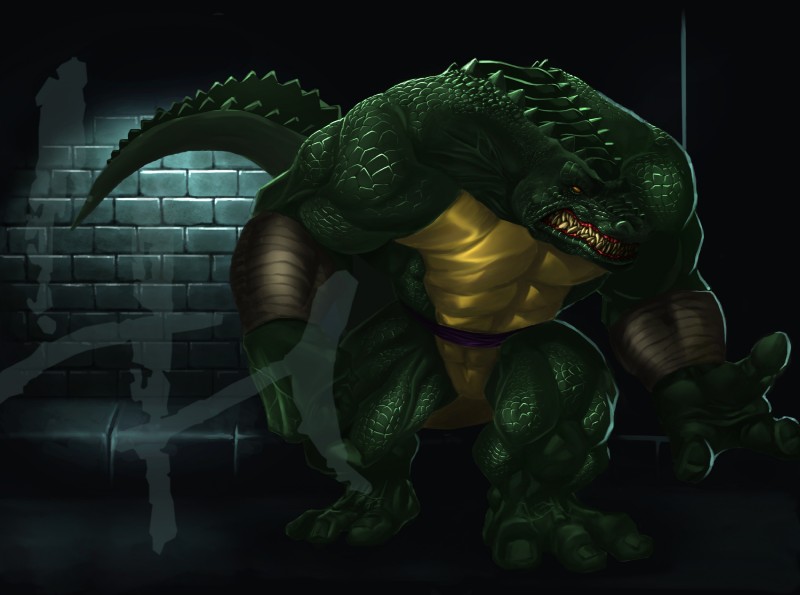 abs anthro bandage belt biceps big_muscles biped bottomless claws clenched_teeth clothed clothing fangs flexing green_body green_skin huge_muscles male muscular muscular_anthro muscular_male orange_eyes pecs pose scales sewer solo standing tail teeth thick_tail topless karuma9 teenage_mutant_ninja_turtles leatherhead alligator alligatorid crocodilian reptile scalie hi_res