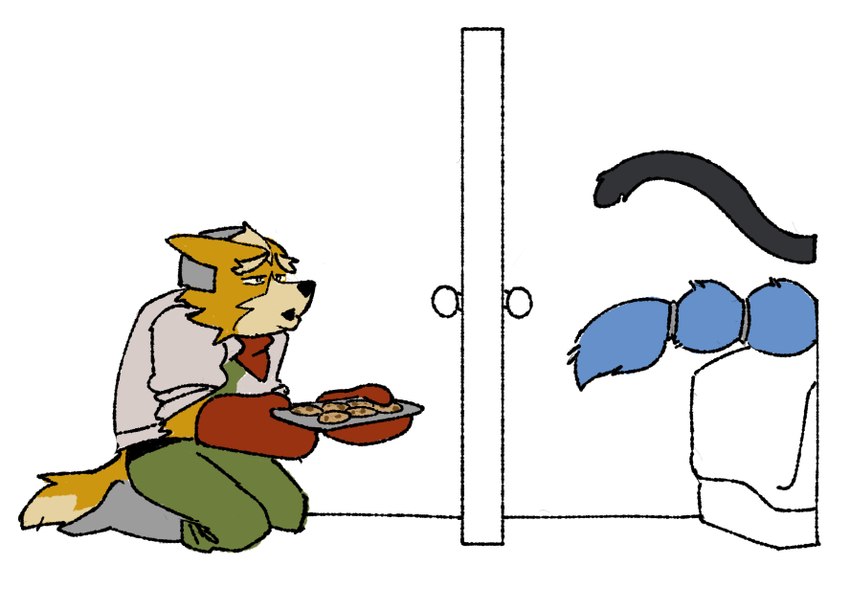 anthro bed cookie cuckold door female food furniture group kneeling male male/female simple_background tail trio nyaalgebra cookie_cuckold_(meme) nintendo star_fox fox_mccloud krystal_(star_fox) panther_caroso canid canine felid fox humanoid mammal pantherine digital_media_(artwork) meme