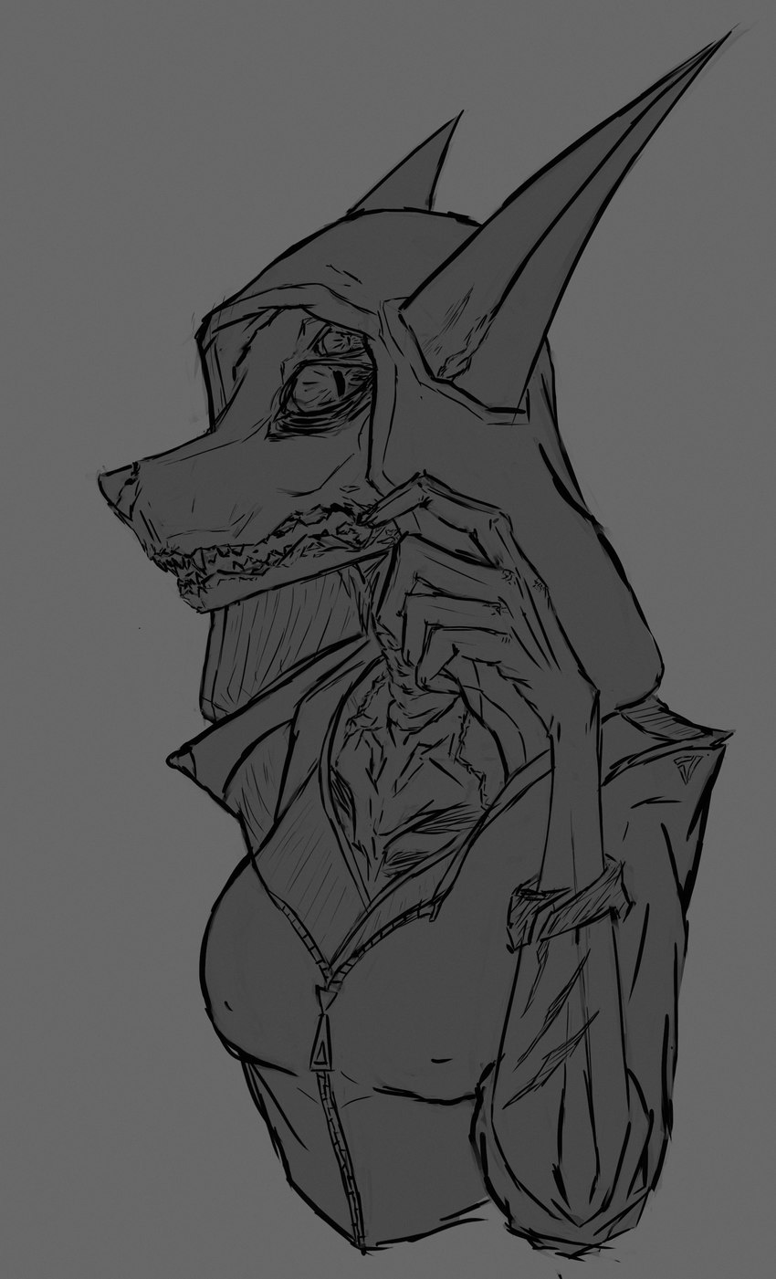 4_eyes anthro big_ears bone bracelet clothed clothing damage damaged_arm exposed_bone female flesh gore gore_focus hood horror_(theme) jewelry multi_eye mutation notched_ear rotting scar sketchy solo teeth zipper the_dark_skull canid canine canis jackal mammal absurd_res digital_media_(artwork) guide_lines hi_res monochrome sketch sketch_page