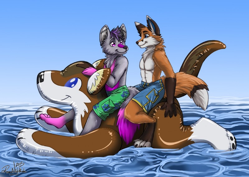 animal_pool_toy clothing duo inflatable inflatable_ride inflatable_support legs_over_edge male on_pool_toy over_edge pool_toy puffy_paws straddling swimwear tail_over_edge tico_wolf water year rosevnightshade_(artist) inola canid canine canis fox inanimate_object mammal wolf 2015 dated signature