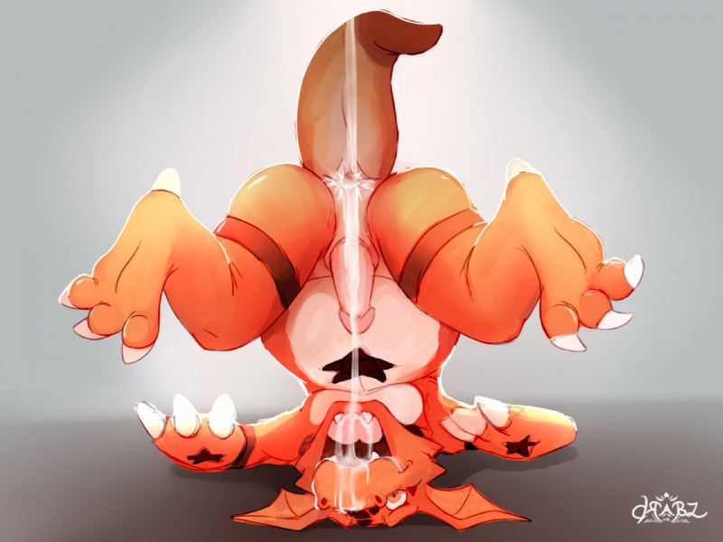 anthro bodily_fluids butt cum cum_in_mouth cum_inside cum_on_butt cum_on_face erection genital_fluids genitals grey_background inverted_zero_unit male markings open_mouth orange_body orange_skin penis shoulder_stand simple_background solo symbol upside_down white_body white_skin zero_unit virus.exe bandai_namco digimon fan_character gio_the_guilmon digimon_(species) guilmon scalie 4:3 digital_media_(artwork)