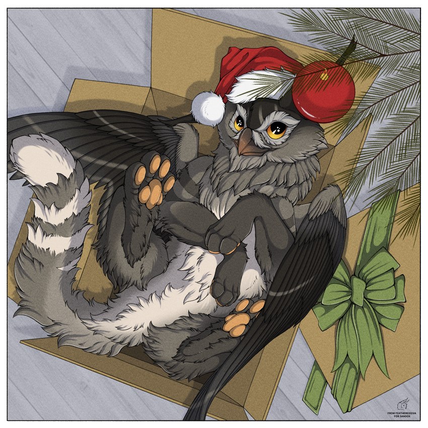 baubles border bow_(feature) christmas_clothing christmas_headwear clothing feral fluffy fluffy_tail gift hat headgear headwear high-angle_view holidays looking_up male pawpads santa_hat smile solo tail white_border wings feathered_diva christmas mythology leif_(sand0x) avian bird gryphon mythological_avian mythological_creature owl 1:1 hi_res