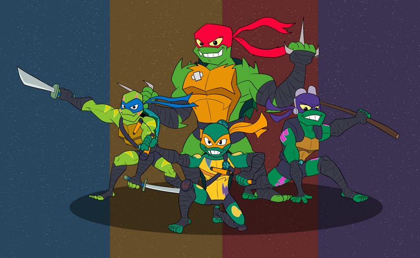 action_pose anthro belt club_(weapon) green_body green_skin group male markings mask melee_weapon nunchaku odachi pose sai_(weapon) shell staff weapon yellow_eyes darkajugin rise_of_the_teenage_mutant_ninja_turtles teenage_mutant_ninja_turtles donatello_(tmnt) leonardo_(tmnt) michelangelo_(tmnt) raphael_(tmnt) alligator_snapping_turtle box_turtle ornate_box_turtle pond_slider red-eared_terrapin reptile scalie snapping_turtle softshell_turtle spiny_softshell_turtle terrapin turtle hi_res